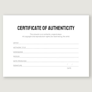 Certificate of Authenticity Digital Minimal Black White Instant Printable Artist Certificate COA Original Art Templates Artist Documents