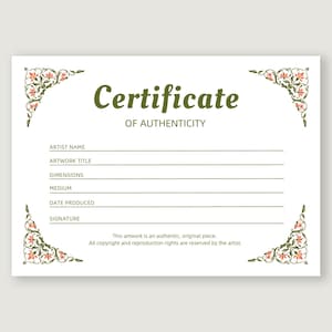 Modern Certificate of Authenticity Printable COA Template Artist Original Art Certificate Creatives Instant Downloadable Art Certificate