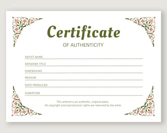 Modern Certificate of Authenticity Printable COA Template Artist Original Art Certificate Creatives Instant Downloadable Art Certificate