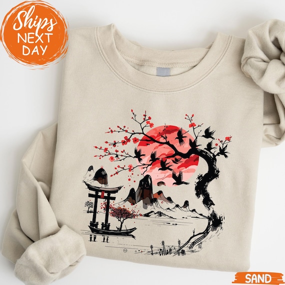 Japanese Culture Sweatshirt, Womens Artistic Graphic Sweater, Cute Anime Inspired Hoodie, Vintage Asian Art, Unique Retro Cultural Design