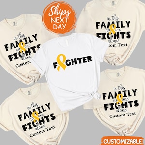 Gold Ribbon Childhood Cancer Support T-Shirt, In This Family No One Fights Alone Tee, Families and Supporters Gift Team Cancer Fighter Shirt