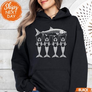 Whimsical Sardine Mermaid Graphic Sweatshirt, Nautical Aesthetic Sweater, Vintage Inspired Tinned Fish Crewneck, Ocean Lovers Summer Hoodie