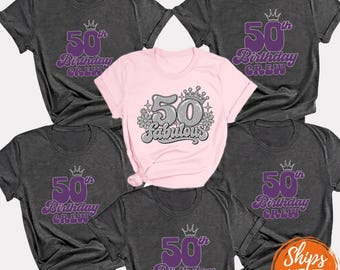 Custom 50th Birthday Shirt, Retro Fifty & Fabulous Tee, Personalized Milestone Birthday Gift for Women, Matching Family Birthday Crew Top