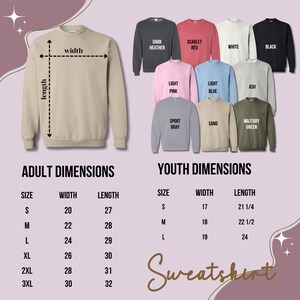 a sweatshirt with the measurements for each of the sweatshirts