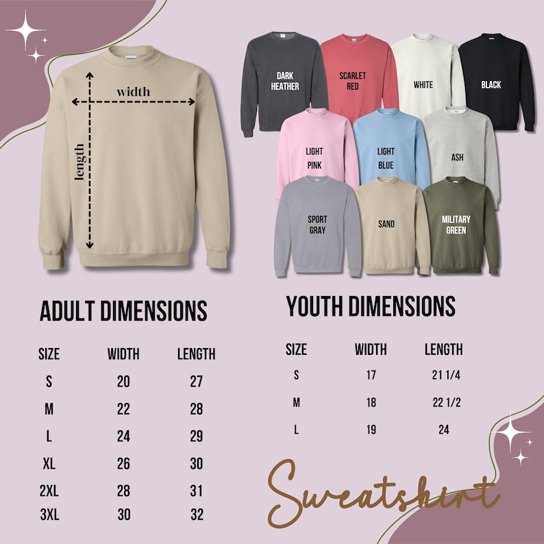 a sweatshirt with the measurements for each of the sweatshirts
