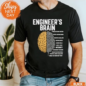 May include: Black t-shirt with the text "ENGINEER'S BRAIN" and a graphic of a brain split in two. One side is a yellow brain, the other side is a mechanical diagram. The shirt also lists engineer-related functions.