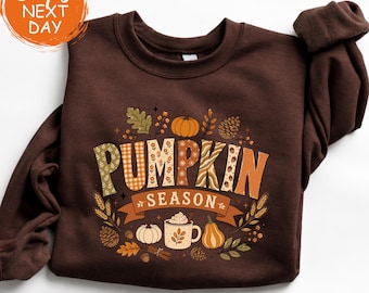 Pumpkin Season Sweatshirt, Cute Autumn Fall Hoodie, Thanksgiving Graphic Crewneck, Spooky Season Top, Halloween Party Apparel