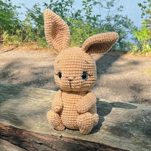 May include: A crocheted bunny rabbit in a sitting position. The bunny is light brown with blue eyes and long ears. The handmade stuffed animal is sitting on a wooden bench with a lake and trees in the background.