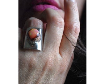 Raw Rainbow Fire Opal Button Ring Mother's Day Gift