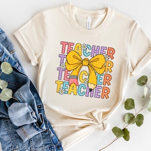 Retro Coquette Pencil Bow Teacher Shirt, Teacher T-Shirt, Teacher  Appreciation Gift, First Day Of School Teacher Tee, Trendy Back To School
