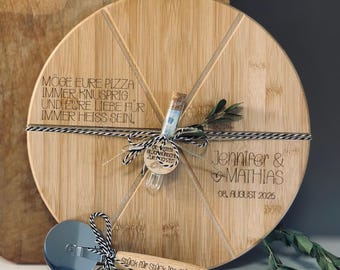 Personalisiertes Hochzeitsgeschenk-Set Pizzabrett | Pizzateller mit Gravur | Individuell graviert | Geldgeschenk | Jahrestag, Hochzeitstag