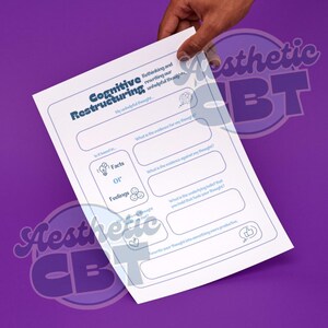 Può includere: Un foglio di carta bianco con il titolo "Cognitive Restructuring" e suggerimenti per riscrivere pensieri inutili. La carta è tenuta su uno sfondo viola con il testo "Aesthetic CBT" in un font stilizzato.