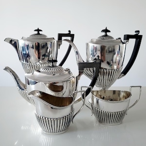 Vintage English Silver Plated 5-Piece Tea Set｜Heavy EPNS Craftsmanship｜c.1940s–50s Sheffield Makers｜Neoclassical Design  No.DS050