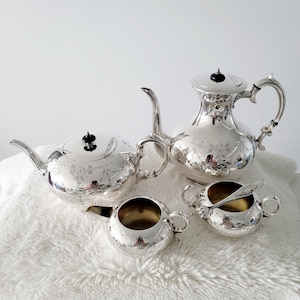 Vintage Sheffield Silver Plate Tea Coffee Set: James Dixon & Sons, Floral Engraved, 1930s