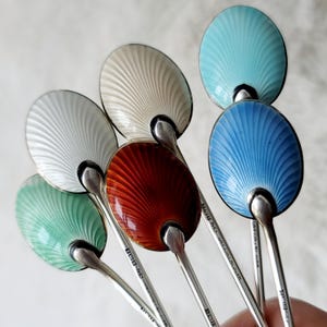 Set of 6 Solid Silver & Enamel Demitasse Spoons | Birmingham 1935–1936 | Art Deco Guilloché | English Sterling Silver Teaspoons No:SS068