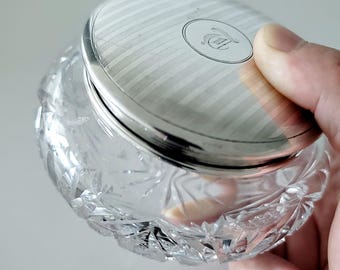 Vintage Sterling Silber & Geschliffene Kristall Dose: Art Deco Pulverdose No.SS090