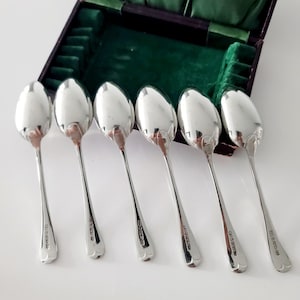 Puede incluir: Seis cucharas de plata con cuencos ovalados y mangos delgados están dispuestas en fila. Las cucharas se exhiben en una caja forrada de terciopelo verde oscuro con interior morado. Las cucharas son reflectantes y parecen de metal pulido.