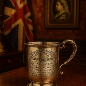 Puede incluir: Una copa de plata con una inscripci&oacute;n que dice "A Gift to Alex Hearn Culler from his Godmother June 20, 1887, Queen Victoria's Jubilee Year".