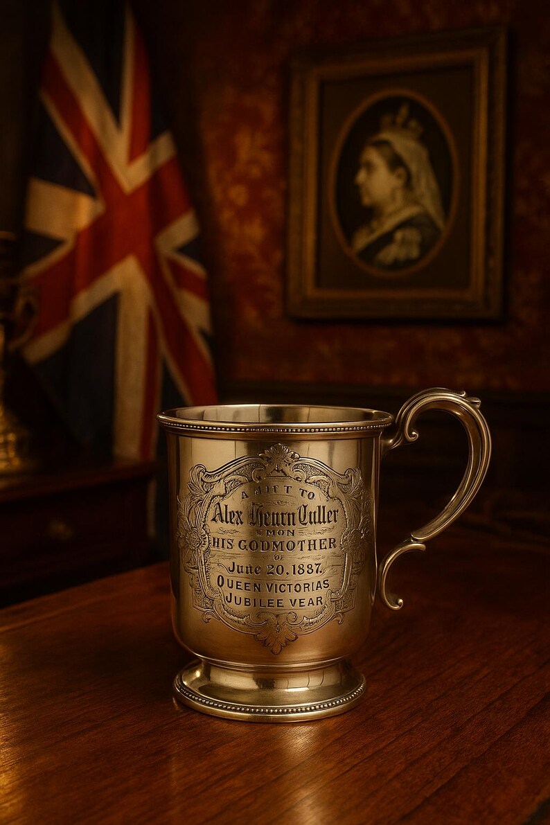 Puede incluir: Una copa de plata con una inscripci&oacute;n que dice "A Gift to Alex Hearn Culler from his Godmother June 20, 1887, Queen Victoria's Jubilee Year".
