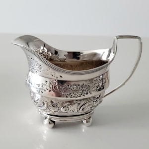 Antique Sterling Silver Cream Jug: 1808 George III London, Hand-Engraved Floral No.SS095