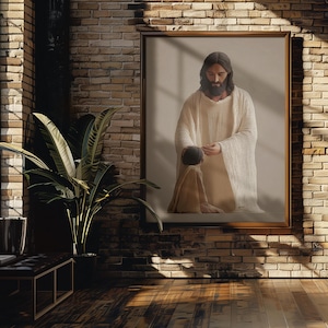 Jesus with a Child | Tender Christian Wall Art | Inspirational Religious Painting | Faith-Based Baby Room Decor