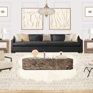 May include: A living room interior design featuring a black sofa, two white armchairs, a coffee table with a marble top, and a white rug. The room has a white wall with two abstract paintings and a chandelier.