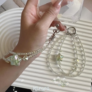 Handmade Double Phone Strap with Star Charm – Beaded Wrist Strap, Pastel Beaded Phone Charm, Kawaii Phone Accessory, Cute Gift for Her