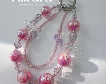 Pink bloom Resin Ball Phone Charm | Keychain strap - Handmade crystal beaded wristlet | Floral Galaxy Bead charm