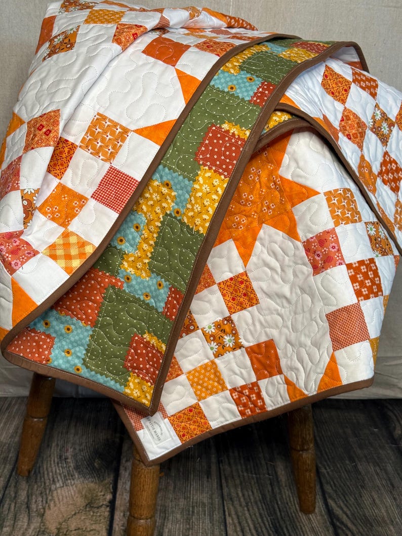 Handmade Orange Star Patchwork Quilt | Cottage Farmhouse Throw (66x66 ...