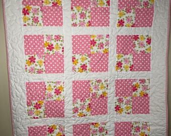 Pink Floral Big Block Toddler Quilt, Handmade Baby Girl Nursery Quilt 40x50