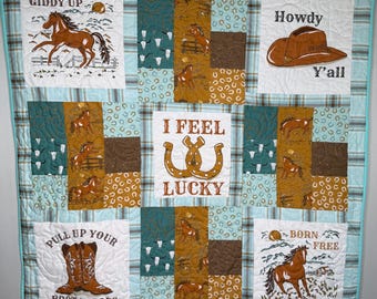 Western Cowboy Horse Baby Quilt, Nursery Toddler Blanket, 40x40 Handmade Farm Decor