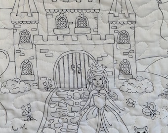 Edredón para colorear de princesas para niñas – Unicornio y castillo para bebé – Colorea tu propio edredón interactivo con lápices de colores para tela – 42 x 45
