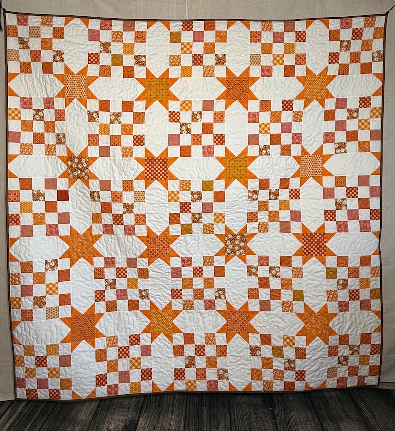 Handmade Orange Star Patchwork Quilt | Cottage Farmhouse Throw (66x66 ...
