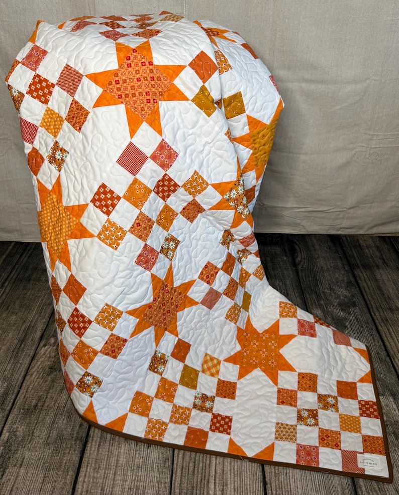 Handmade Orange Star Patchwork Quilt | Cottage Farmhouse Throw (66x66 ...