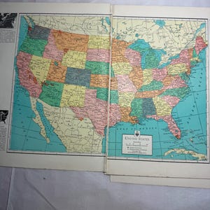 May include: A vintage-style color-coded map of the United States, featuring state boundaries, major cities, and bodies of water. The map includes a legend, a scale in statute miles, and the text United States, J.W. Clement Co., Buffalo, N.Y.