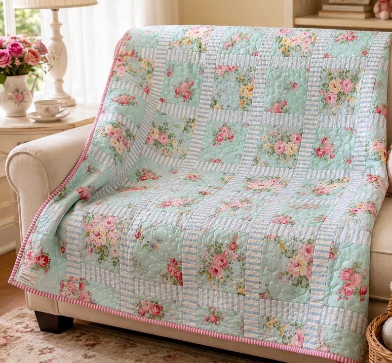 May include: A floral quilt draped over a beige sofa. The quilt features a light blue background with pink and yellow rose bouquets in square patterns. White and blue striped borders and a pink trim complete the design.