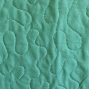 May include: Close-up of teal fabric with a quilted design. The quilting pattern features flowing, organic shapes stitched with matching thread. The fabric has a slightly textured appearance, and the stitching creates a subtle, raised effect. The overall aesthetic is soft and inviting.