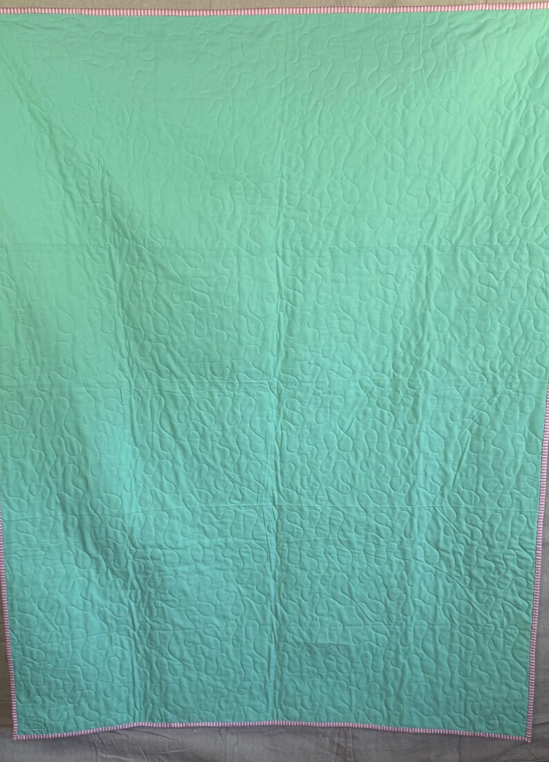 May include: A pale turquoise quilt with a repeating, organic pattern. The quilt has a border of pink and white striped fabric. The item is likely handmade and suitable for a bed or as a decorative throw.