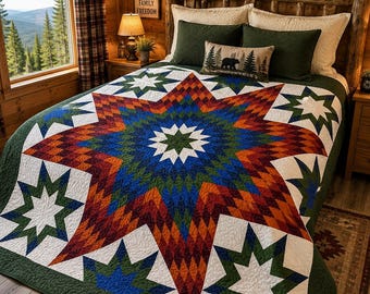 Edredón hecho a mano Mountain Star de 82x82 cm / Edredón de estrella grande / Edredón colorido para cama / Decoración rústica de cabaña / Edredón de patchwork único
