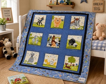 Edredón infantil de animales de granja 40x42 / Edredón para habitación infantil con estampado de corral / Vaca, cerdo, caballo, gallina, oveja / Edredón azul hecho a mano para niños pequeños / Baby Shower