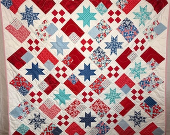 Edredón Americana Star, edredón patriótico, patchwork rojo, blanco y azul, estilo rústico, edredón hecho a mano, decoración campestre, América 250, 64x68