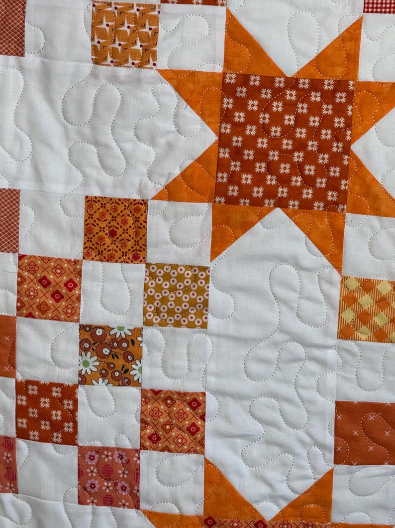 Handmade Orange Star Patchwork Quilt | Cottage Farmhouse Throw (66x66 ...