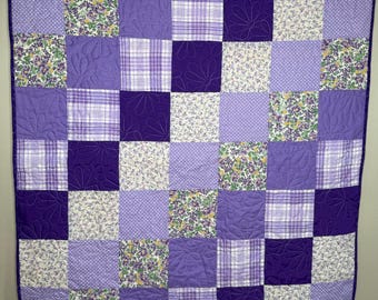 Purple Patchwork Quilt 40x52 – Handmade Floral Cottage Throw – Baby Toddler Bedding