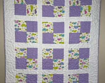 Handmade Purple Turtle Big Block Quilt: Nursery Decor, Toddler Bedding (40x50 inches)