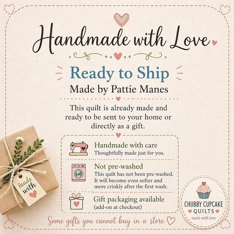 May include: A beige gift box tied with twine and a sprig of greenery, next to a sign that says "made with love." The image also includes text that reads "Handmade with Love" and "Ready to Ship."