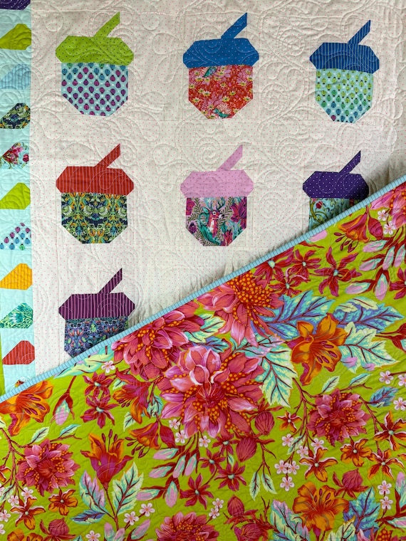Tula Pink Acorn Quilt – Modern Woodland Throw Blanket – Colorful Designer Fabric (82 x 70)