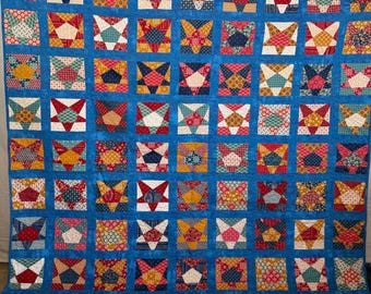 Edredón Americana Wonky Star de 78 x 78 pulgadas / Edredón inspirado en Lori Holt / Edredón patriótico hecho a mano / Edredón de estrellas rojas, blancas y azules / Edredón grande para manta