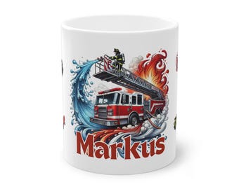 Personalized firefighter mug with name | Firefighter gift with fire truck, water & flames motif – Gift idea for firefighters