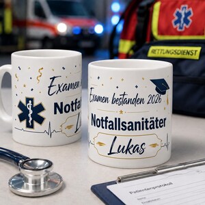 Personalisierte Notfallsanitäter Tasse Examen bestanden 2026, Geschenk zum NotSan Abschluss, Tasse mit Wunschname und Konfetti