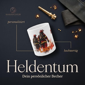 Könnte beinhalten: Weißer Keramikbecher mit einer Illustration von zwei Feuerwehrleuten in roter und schwarzer Ausrüstung, mit dem Namen "Leo" in Orange. Auf dem Becher stehen die Worte "Heldentum" und "Dein persönlicher Becher".